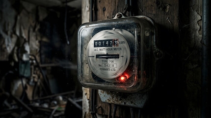 Fototapeta premium Electricity Meter Installed On A Wooden Wall Showing Power Consumption Measurement In A Dark Room Captured In This Detailed Close Up Photograph Of Utility Equipment