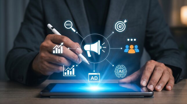 Digital Marketing Strategy concept showcasing AI and analytics on a futuristic interface for business growth and innovative solutions presentations.