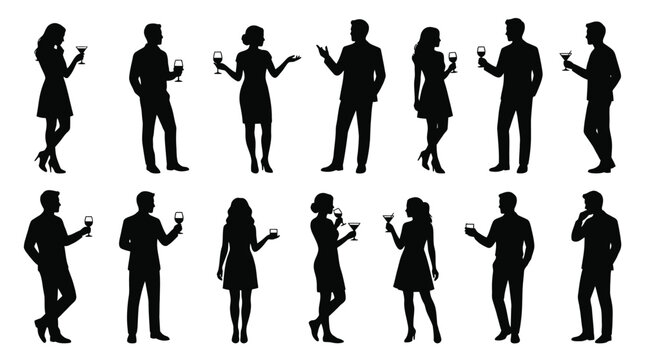Collection of black silhouettes of men and women holding glasses of drinks at a party