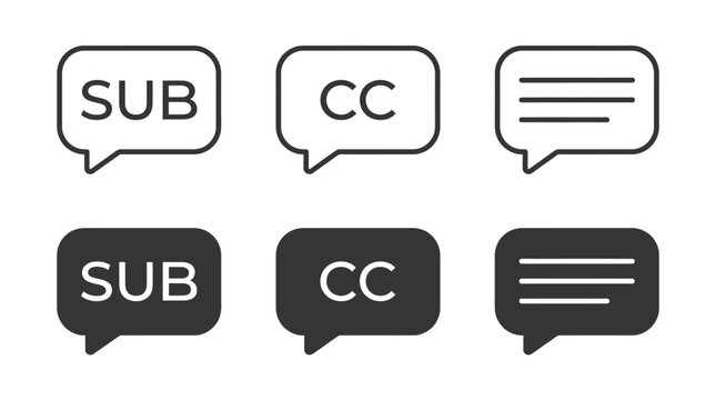 Set of black and white speech bubble icons representing subtitles and closed captioning for video