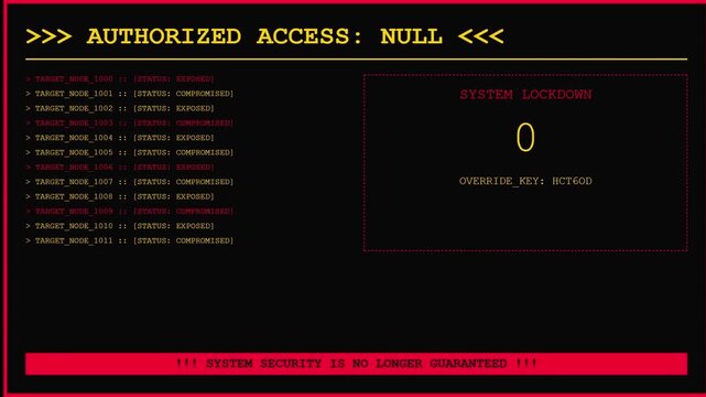 Authorized Access Null Warning Screen Showing System Lockdown Countdown With Exposed Node Status And Compromised Security Alert Terminal.