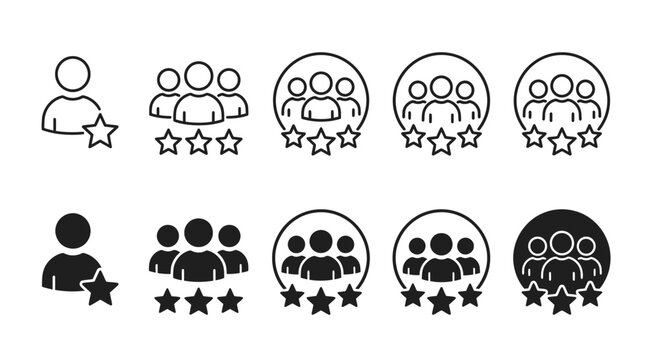 Collection of professional rating user icons featuring people silhouettes and golden stars in flat style