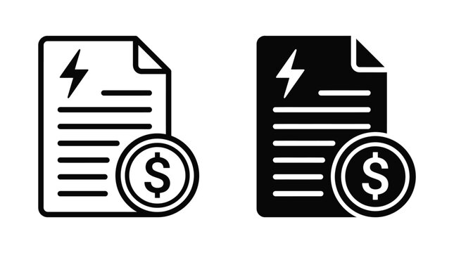 Two black and white icons representing a utility bill with a dollar sign payment concept image
