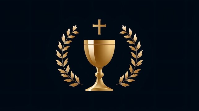Golden chalice topped by a cross, encircled by a laurel wreath, symbolizing christian faith, victory, sacrament and spiritual triumph against a dark background