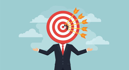 Businessman with dartboard head hitting bullseye with arrows representing target achievement accuracy focus goal setting career success professional vision. © sjeixh