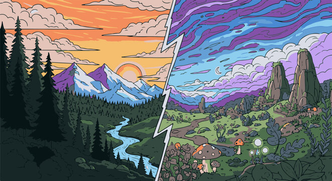Dual landscape split by lightning serene mountains meet whimsical, rocky terrain with surreal flora