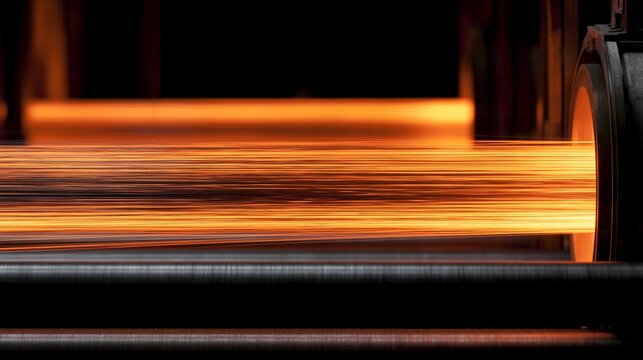 Medium shot of continuous carbon fiber carbonization process inside a long furnace line under inert atmosphere showcasing fiber bundles transforming with controlled heat.