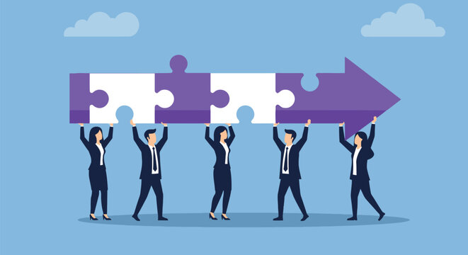 Business team holding large puzzle arrow as metaphor for collaborative success and strategic alignment in corporate environment during growth phase project.