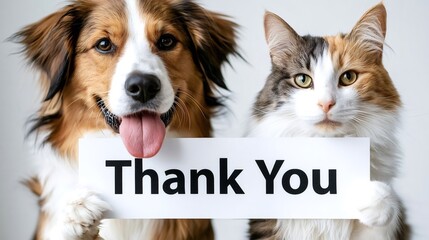 Happy dog and calico cat posing together and holding a white sign with black text reading thank you, symbolizing gratitude, appreciation, and friendship between pets