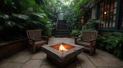 Obraz premium Cozy outdoor fire pit surrounded by lush greenery and wooden seating in a tranquil garden setting, perfect for relaxation and gatherings
