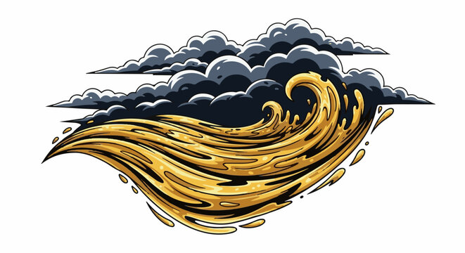 Dark clouds loom over a powerful, flowing golden wave cresting with spray