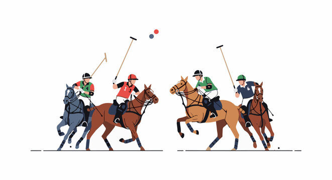 Dynamic illustration of a polo match with riders on horseback, striking a ball with mallets