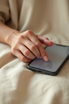Dedos con u&ntilde;as recortadas y sutiles arrugas tecleando en la elegante pantalla de un tel&eacute;fono inteligente con la pantalla en blanco