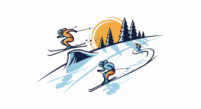 Dynamic illustration of skiers on a snowy slope with a sunset and pine trees