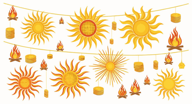 Cheerful sunshine symbols and celebratory bonfires strung together as festive decorations