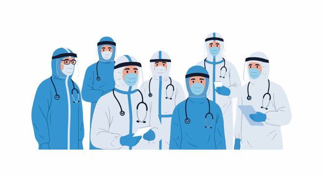 Diverse medical professionals in protective suits and masks stand together