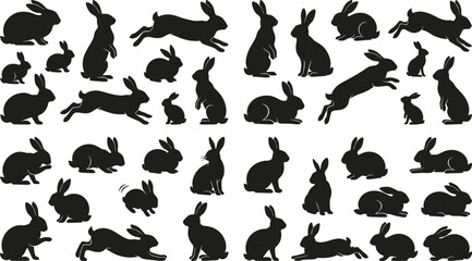 Large rabbit silhouette collection featuring bunny poses and jumping hare shapes isolated on white background vector set © Biplob Creators
