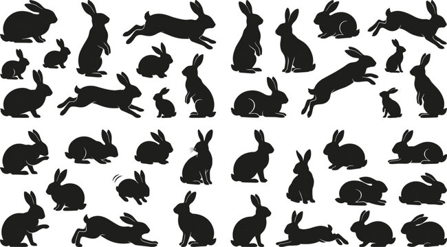 Large rabbit silhouette collection featuring bunny poses and jumping hare shapes isolated on white background vector set