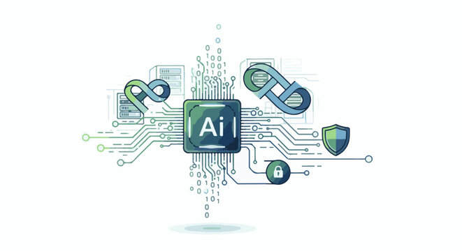 Central processor with "Ai" inscription, surrounded by binary code, infinity symbols, and security icons