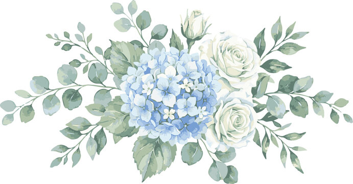 Watercolor Style Blue Hydrangea and White Rose Vector Bouquet with Eucalyptus Leaves EPS Clipart