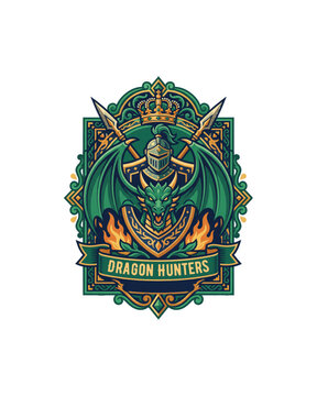 Medieval Knight and Dragon Hunter Faction Crest Coat of Arms Vector Illustration