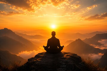 Fototapeta premium Person meditating on mountain peak during golden sunrise landscape