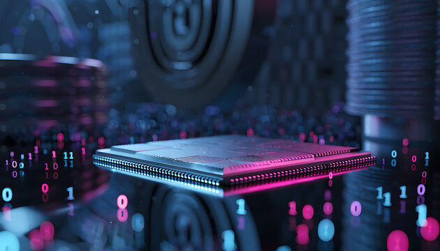 Close-up of high-tech microchip on reflective dark circuit board with glowing red and blue lights