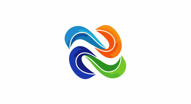 Colorful abstract logo with intertwined swirling shapes in blue, orange, and green