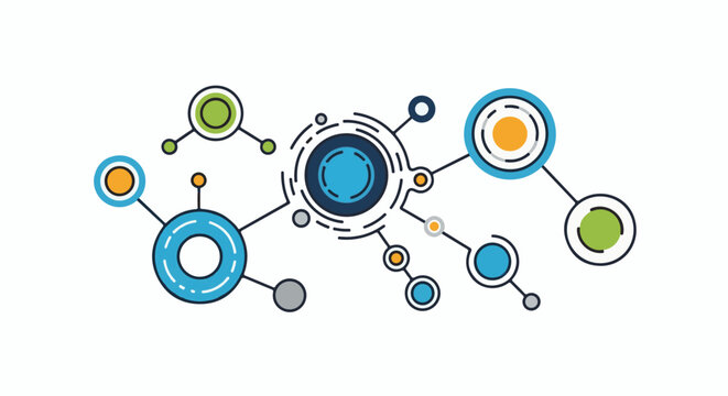 Colorful abstract molecular network with interconnected circles and dots on white background