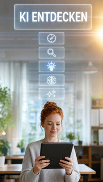 KI entdecken &ndash; holografisches Interface mit Glas-Panels und Icons &uuml;ber Laptop rothaarige Frau mit Tablet K&uuml;nstliche Intelligenz Konzept