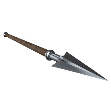 A medieval style halberd with a long wooden handle and sharp metal head.