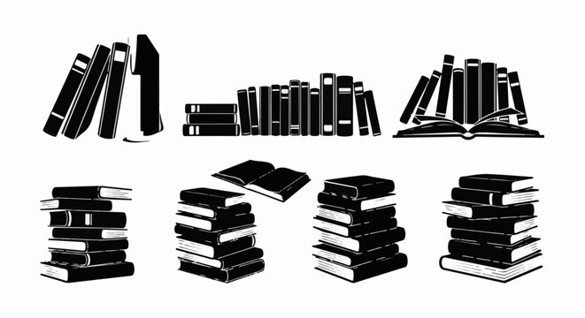 Collection of black and white silhouette illustrations of stacked and opened books