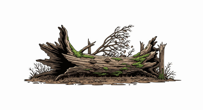 Decayed log with moss and fungi, surrounded by dry twigs and grass