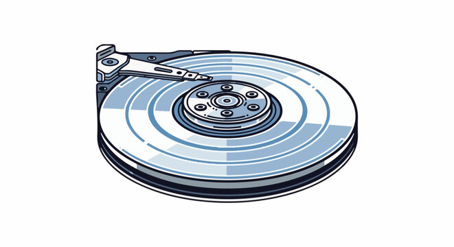 Close-up illustration of an open hard drive showing platters and read/write head