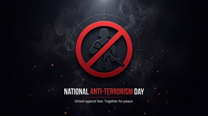 Fototapeta premium Symbol of national anti terrorism day with silhouette of armed person inside prohibition sign representing peace and security against dark smoky background with subtle light effects conveying unity