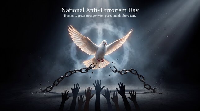 National anti terrorism day symbol of peace dove breaking chains with raised hands reaching up from darkness towards light in a dramatic symbolic and hopeful conceptual scene