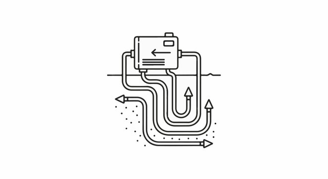 Diagram showing a system with a central unit and pipes distributing substances underground, indicating flow