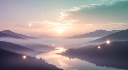 Obraz premium Sunrise over serene mountain landscape with calm lake reflecting vibrant sky