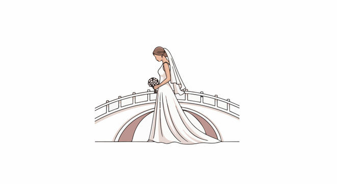 Elegant bride in white gown with veil and bouquet stands on a white arched bridge