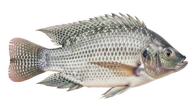 A fresh tilapia fish with spiky fins and scales isolated on a transparent background