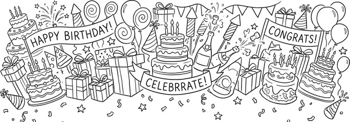 Fototapeta premium Intricate monochrome illustration featuring a birthday cake, lit candles, confetti, ribbons, and festive decorative patterns in a seamless design.