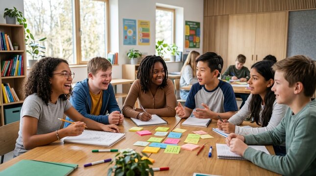 Diverse students collaborating in classroom group discussion with notes and learning materials