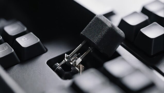 Close-up of a broken computer keyboard with a detached keycap showing mechanical parts.