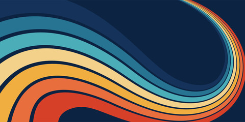 Rainbow stripes striving upward. 70s retro futurism. Vintage wavy lines. Abstract vector background. Wallpaper for posters, wall panels, banners. Retro color illustration in 3D perspective  © Hanna