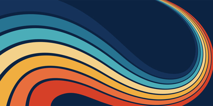 Rainbow stripes striving upward. 70s retro futurism. Vintage wavy lines. Abstract vector background. Wallpaper for posters, wall panels, banners. Retro color illustration in 3D perspective	