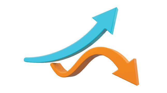 Bright blue and orange three dimensional arrows showing opposite directions of growth and financial decline