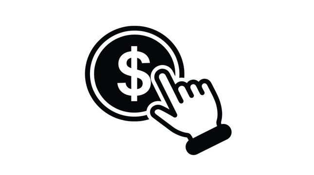 Human hand finger clicking on a dollar coin icon representing digital payment or online commerce