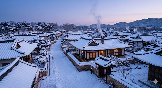 지붕 위로 흰 눈이 소스라치게 쌓인 삼청동이나 전주 한옥마을의 고요한 새벽녘, 굴뚝에서 은은하게 연기가 피어오르는 풍경.