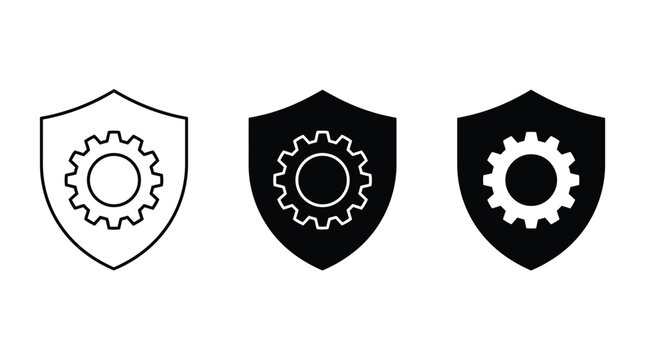 Three shield icons featuring gear symbols representing security settings displayed in a professional clean graphic image