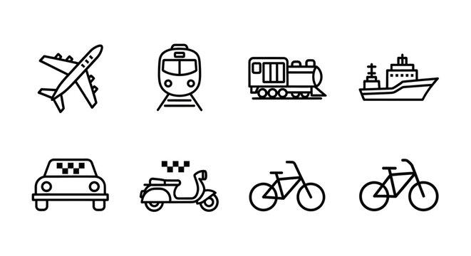 Transportation icons set including airplane, train, ship, car, scooter, and bicycle.